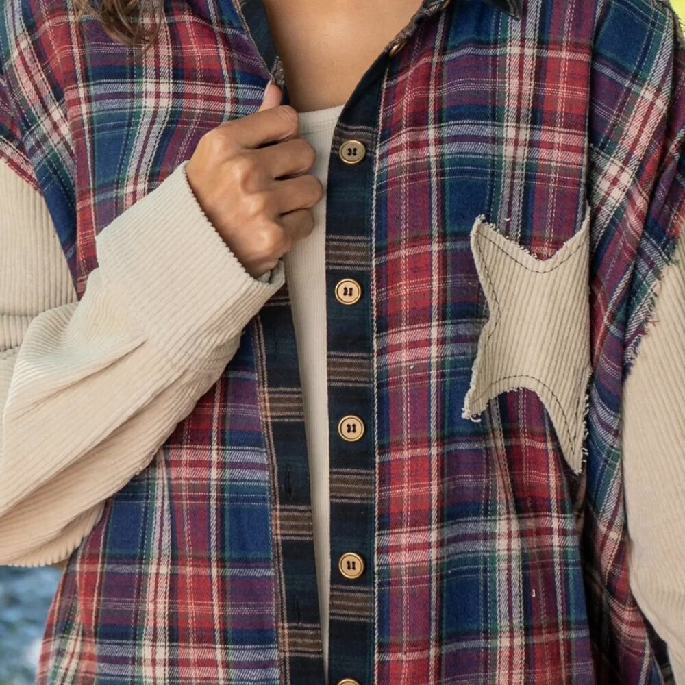 Natural Life Carter Applique Flannel Shirt, Cream Star L/XL - Picture 3 of 10